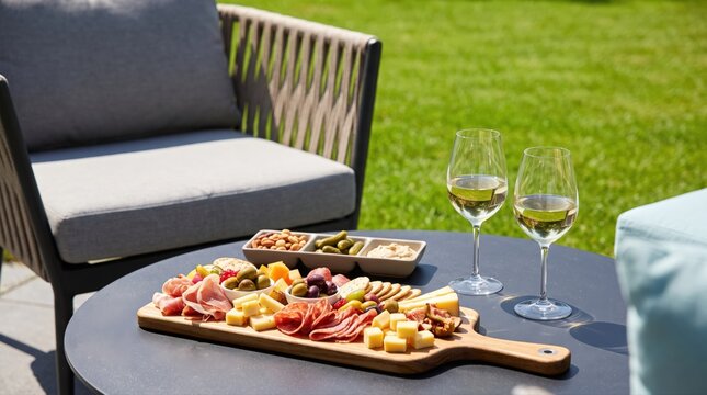 A gourmet charcuterie board, featuring a selection of cheeses, cured meats, olives, and crackers, is presented with two glasses of crisp white wine on a modern outdoor patio. 