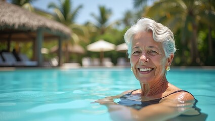 Fototapeta premium Smiling senior woman enjoying a refreshing swim in a tropical resort pool
