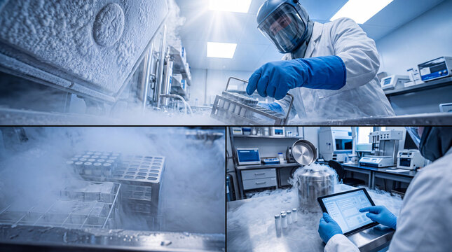Futuristic laboratory scientist handling cryogenic samples with advanced equipment. Concept of cutting-edge biotechnology, medical research, genetic preservation, and scientific breakthroughs.
