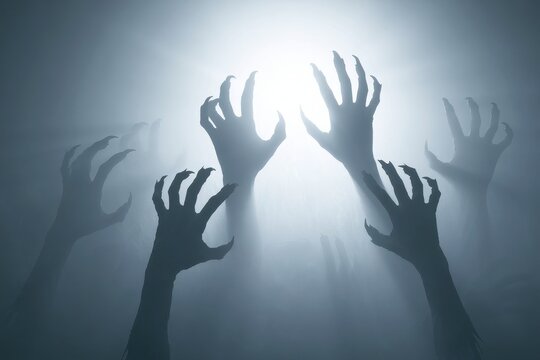 Group of terrifying zombie hands emerging from the shadows towards a bright light, horror theme for halloween