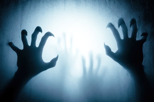 Clawed hands pressing against frosted glass, silhouettes of hands behind a glass pane in the dark, horror and thriller concept, halloween background