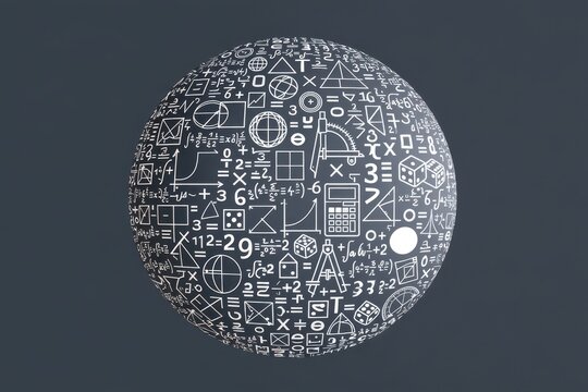 3d sphere covered with mathematical formulas, geometric shapes, and numbers on a dark grey background