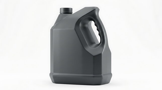 A black plastic container for motor oil or chemical liquids with a sturdy handle and screw cap for industrial storage and automotive maintenance use. heavy-duty jug designs