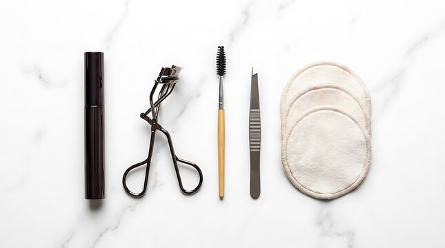 Set of beauty tools including mascara eyelash curler spoolie brush tweezers and cotton makeup remover pads arranged neatly on a marble surface. basic mascara application