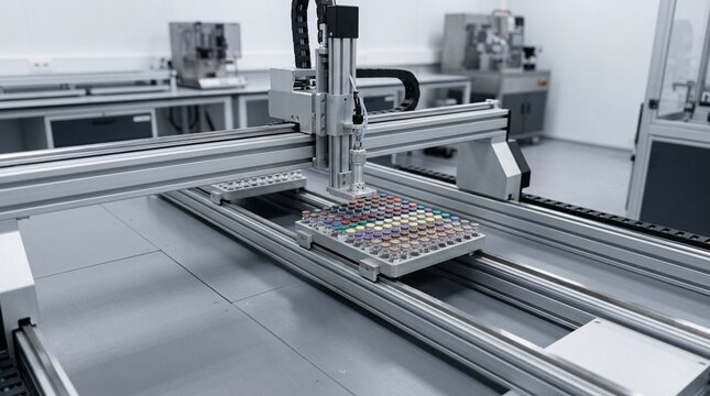 Gantry-style robotic system moving a tray of sorted vials across a workstation action shot