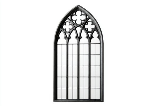 Gothic arched window frame with decorative quatrefoil tracery, isolated on white background