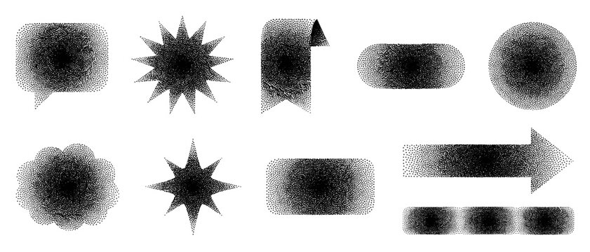 Grunge spray texture arrow and badge vector set with starburst, ribbon and rectangle shapes for design