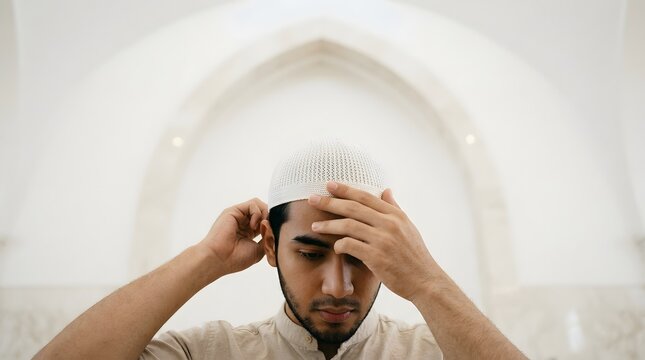 Young Muslim Man Putting On White Prayer Cap Peci In Mosque Before Islamic Prayer
