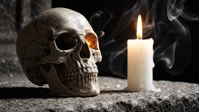 Human skull beside flickering candle with smoke in dark tomb