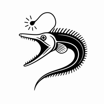 Black and white illustration of a prehistoric fish with sharp teeth.