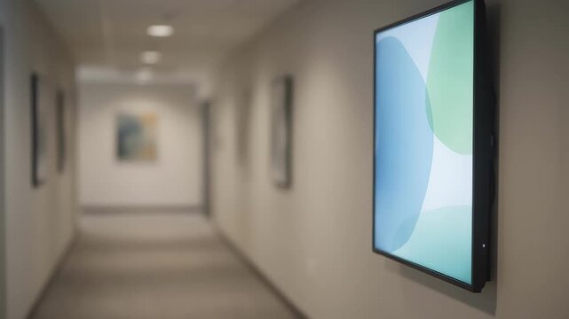 Hallway screen presentation highlighting confidential counseling services sharp poster visuals with encouraging messages corridor details softened to emphasize main display.