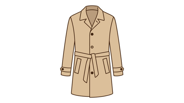 Classic Beige Trench Coat with Belt and Buttons Isolated on White Background Simple Flat Illustration