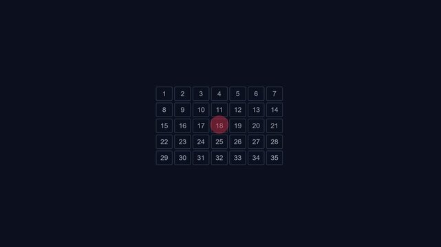 Digital calendar interface with highlighted date 18, interactive monthly planner grid for scheduling and time management animation 4k