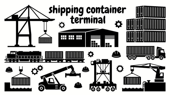 international container terminal facilities featuring cargo cranes stacked containers warehouses freight trains trucks loading docks and modern logistics infrastructure for transportation shipping