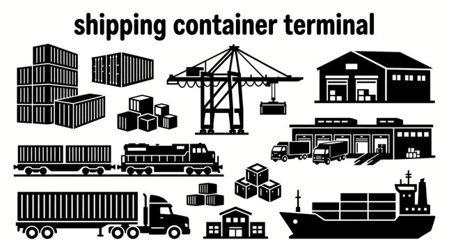 international container terminal facilities featuring cargo cranes stacked containers warehouses freight trains trucks loading docks and modern logistics infrastructure for transportation shipping