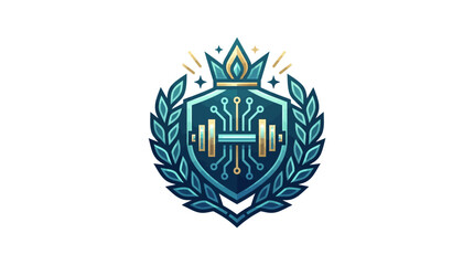 Obraz premium Digital crown crest with barbell and circuit board details.