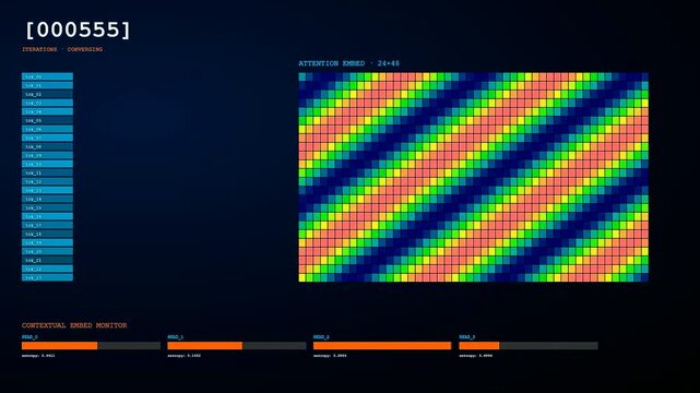 a colorful vector embedding grid displays evolving data patterns on a dark interface as complex mathematical matrices shift during a sophisticated machine learning processing cycle