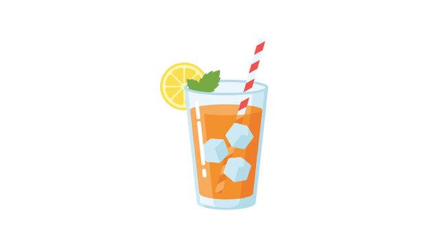 Refreshing orange juice with ice cubes lemon slice and mint leaf in a tall glass with a striped straw