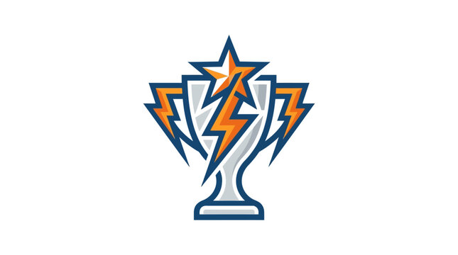 Silver trophy cup with large orange lightning bolts.
