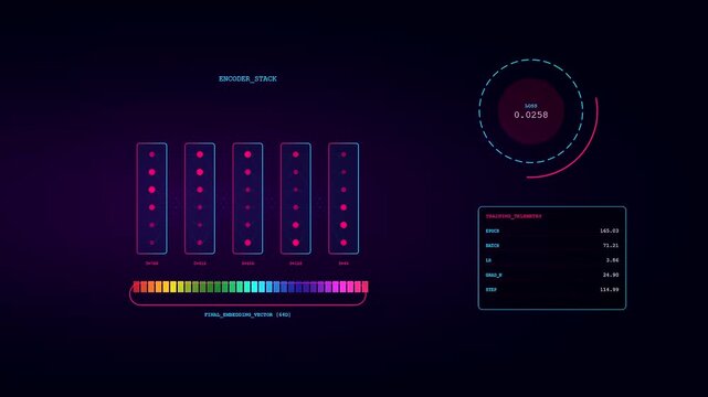 a colorful vector embedding dashboard interface shows evolving data patterns as animated circular graphs process complex numeric values in this modern dark digital display monitor