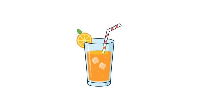 Refreshing orange juice in a tall glass with ice cubes, a slice of orange, and a striped straw on a white background