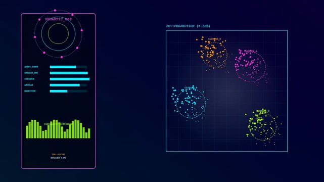 A detailed vector embedding visualization screen displays shifting data points on glowing blue grids with dynamic purple side panels and animated progress bars for monitoring software