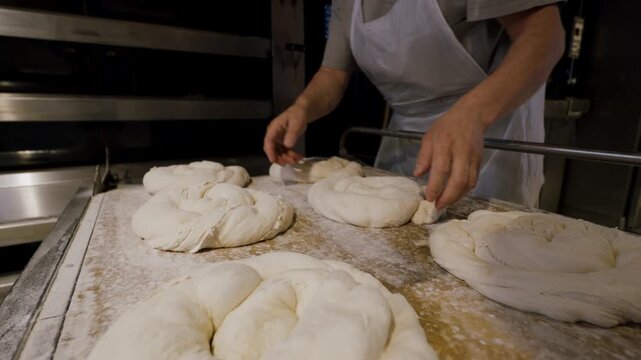 Baker's hands skillfully shape dough into braided loaves on a floured wooden surface, with an industrial oven visible in the background of the bakery