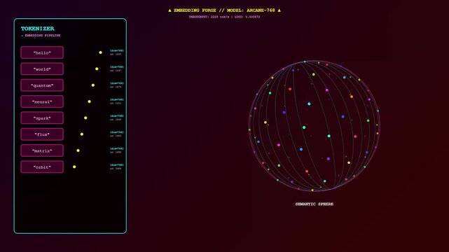 A glowing vector embedding visualization showcases a rotating data sphere with floating points alongside a digital text interface on dark gradients during a simulation