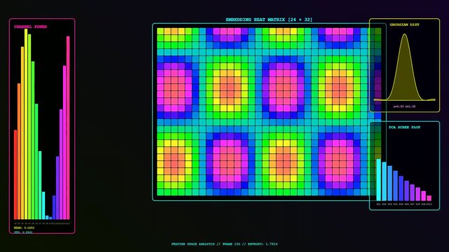 Display of complex vector embedding matrices evolving within a digital software interface featuring animated bar charts and gaussian distribution curves during a continuous stream of analytical data