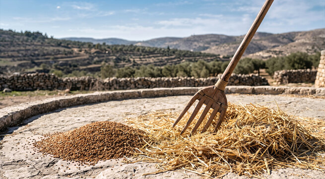 Wooden winnowing fork resting on straw next to a mound of harvested wheat on an outdoor stone threshing floor. Ancient biblical farming landscape with terraced hills and olive trees