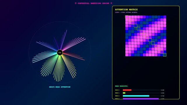 A vector embedding visualization displays shifting data patterns in a rhythmic cycle of light nodes and matrices glowing against a dark digital user interface screen