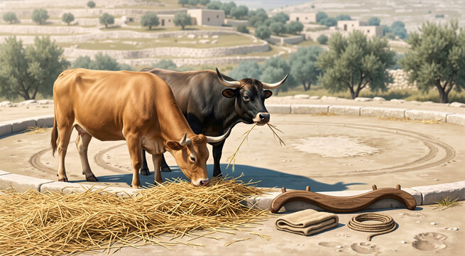 Two oxen feeding on threshed golden straw inside a circular Judean threshing floor. Ancient biblical farming scene with a wooden yoke, rope and folded cloth on the ground in the foreground