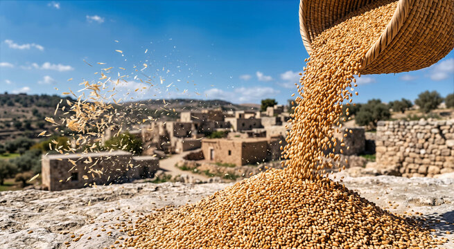 Amber wheat kernels cascading from a tilted woven basket onto a limestone threshing floor with chaff flying in the wind. Ancient biblical farming scene with a stone village in the background