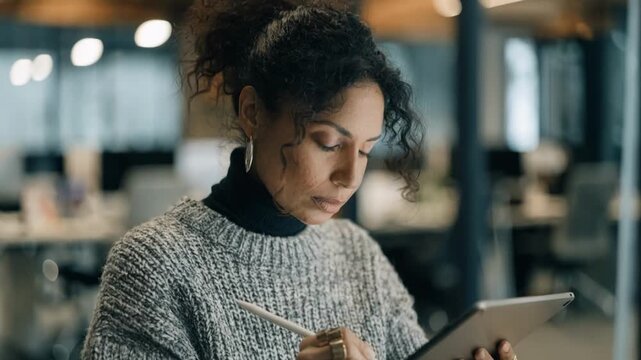 Medium shot of an HR professional reviewing hourly timesheets on a tablet emphasizing pension deductions while the office environment remains out of focus.