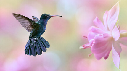 Fototapeta premium Hummingbird Hovering Near Pink Flower