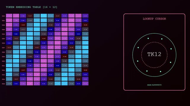 A detailed vector embedding visualization showing grid arrays of shifting numerical values and circular interface cursors within a dark digital environment during a smooth data cycle
