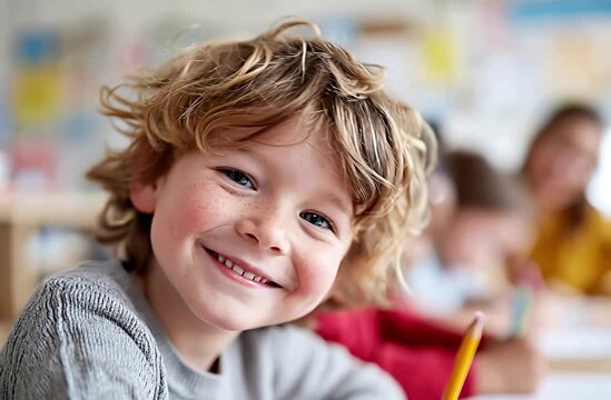 Smiling boy during art class as other students work quietly in the background