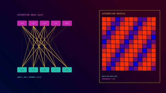 A digital vector embedding interface displays shifting connection lines between textual data points with changing grid matrices on a dark gradient display screen for analytical visual presentations