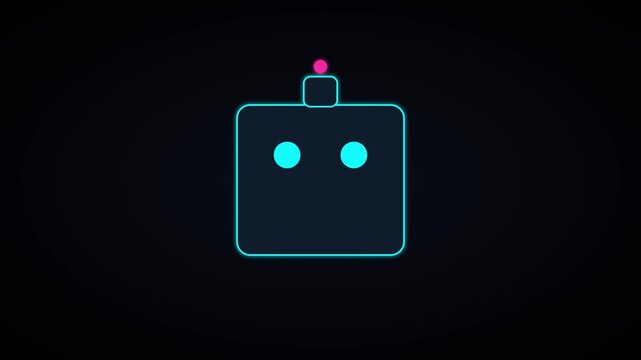 Minimalist neon robot face animation with glowing cyan eyes and pulsing pink light 4k