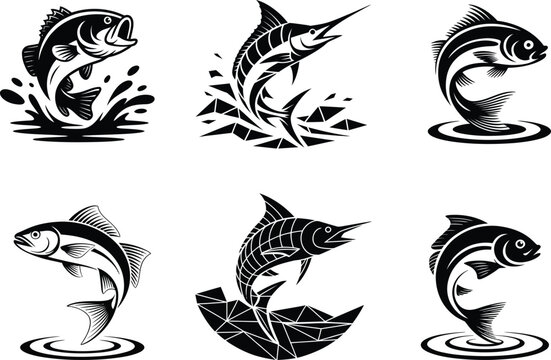 Fish silhouette vector collection, jumping bass marlin salmon trout icon set, fishing tackle logo decal design