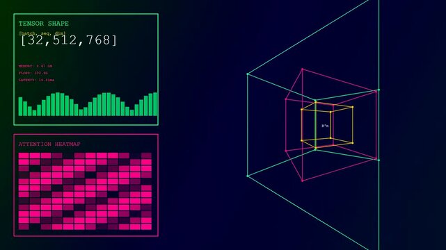 A detailed vector embedding visualization shows pulsing data nodes and nested glowing grids inside a dark digital environment during an animated cycle of complex computation