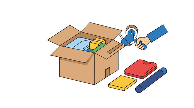 Packing a cardboard box with items and sealing it with tape dispenser for moving or shipping