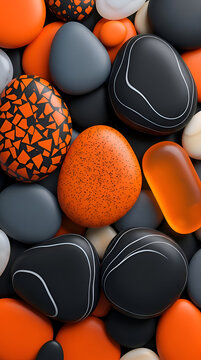 Abstract Background of Smooth Polished Decorative Pebbles in Vibrant Orange and Dark Grey Colors
