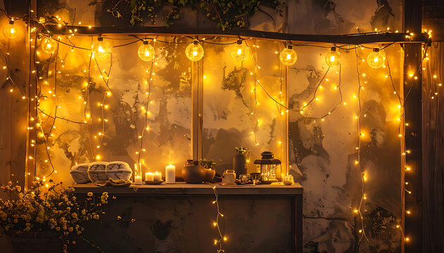 Warm ambient fairy lights illuminate a rustic shelf with candles and plants, creating a cozy evening atmosphere, cozy decor, romantic lighting