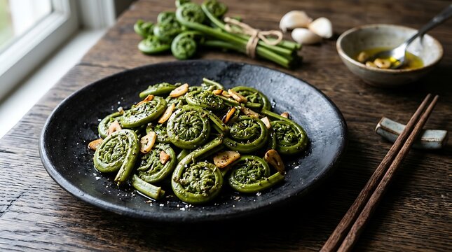 Saut&eacute;ed fiddlehead ferns with garlic served on a dark rustic plate on a wooden table