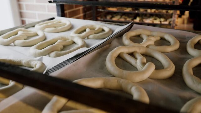 Freshly shaped pretzels resting on parchment paper in a bakery, showcasing the dough's texture and the warm, inviting atmosphere of the baking environment