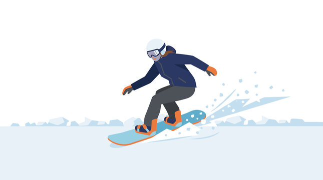 Woman snowboarder in blue jacket and helmet carving down a snowy slope kicking up snow and ice