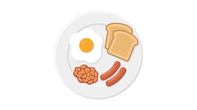 A delicious and hearty English breakfast illustration with fried egg, baked beans, sausages, and toast on a white plate
