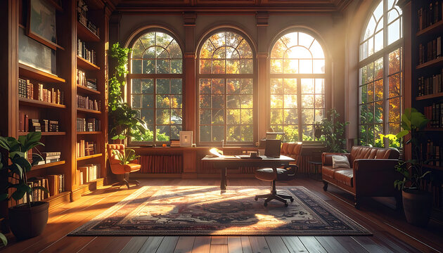 Warm sunlit library room with floor to ceiling bookshelves, large arched windows overlooking lush greenery, antique desk, and leather armchair, ideal for cozy home or study concepts.