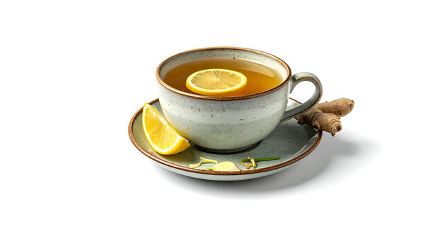 Warming ginger tea in a rustic mug with lemon slice and fresh ginger root, served on a saucer, ideal for wellness and soothing beverage concepts